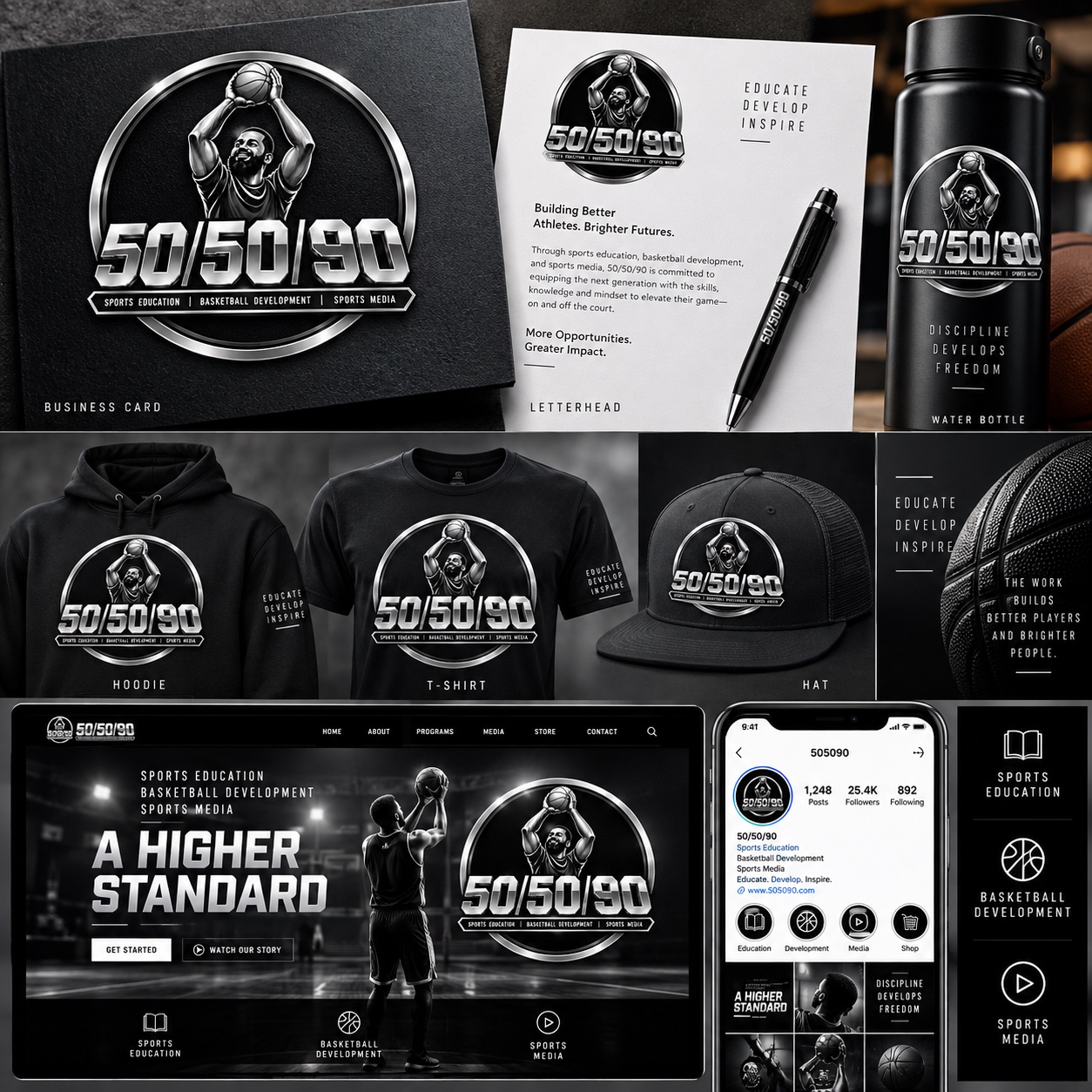 50/50/90 visual identity shown across apparel, stationery, web and social media.